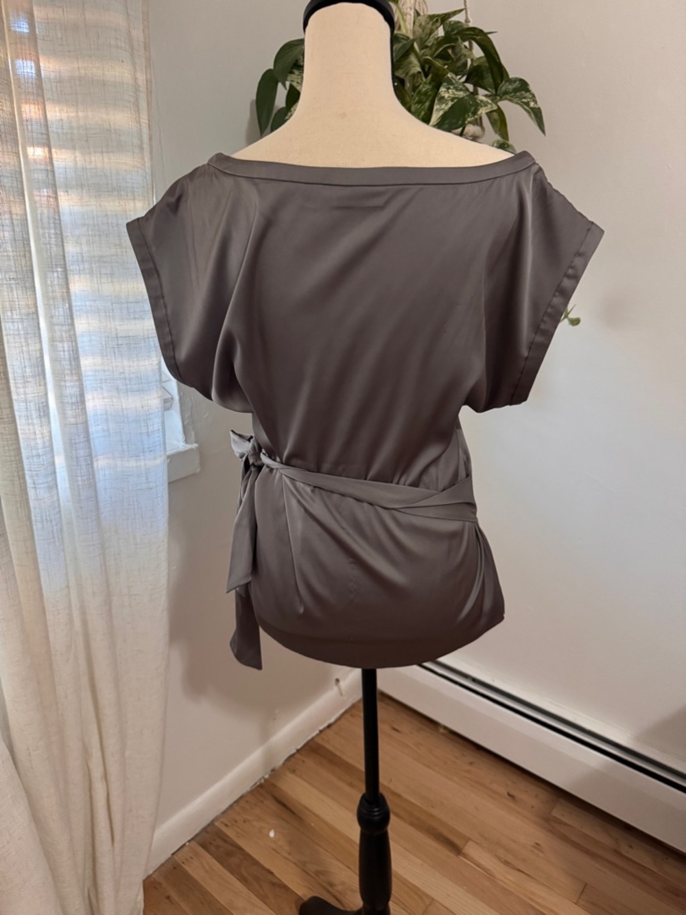 New York & Company Satin Taupe Side-Tie Blouse - Picture 5 of 7